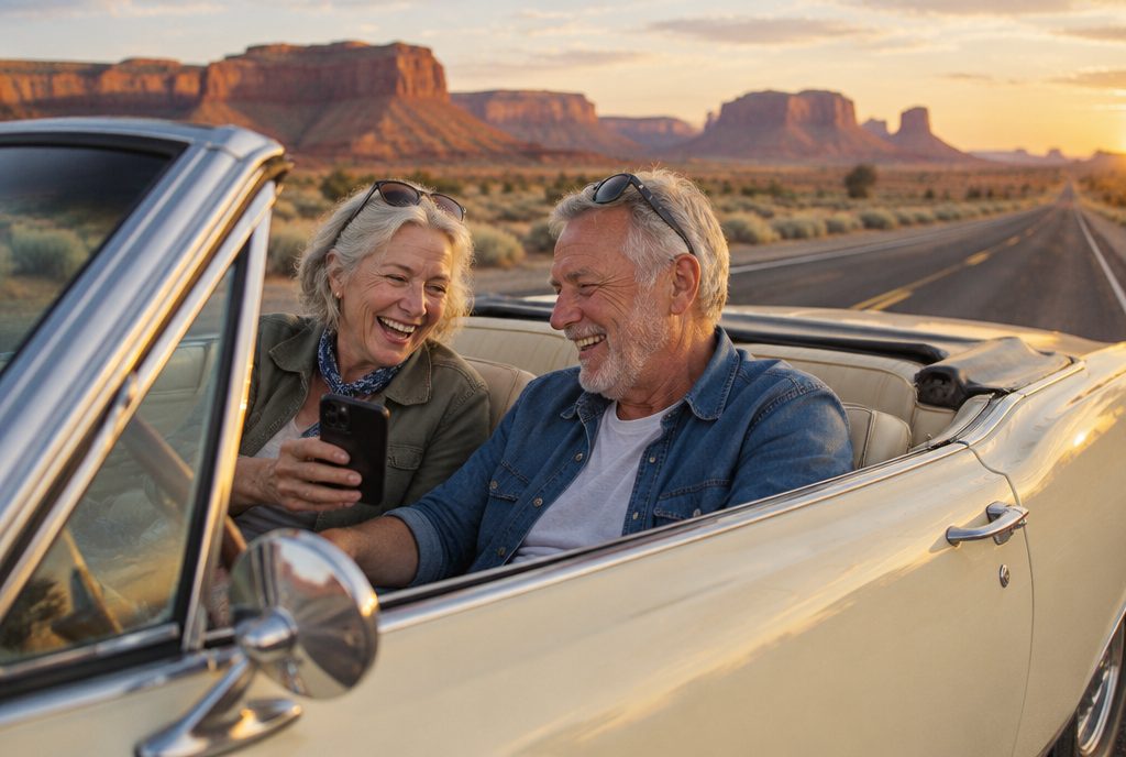 A retired couple laughing in a classic convertible on a desert highway, the wife showing her husband something on her phone