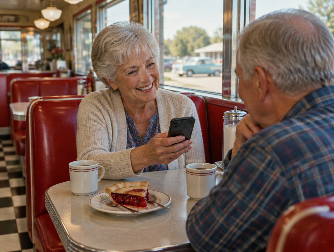 A smiling woman in a classic diner booth showing her phone to her husband, with cherry pie and coffee