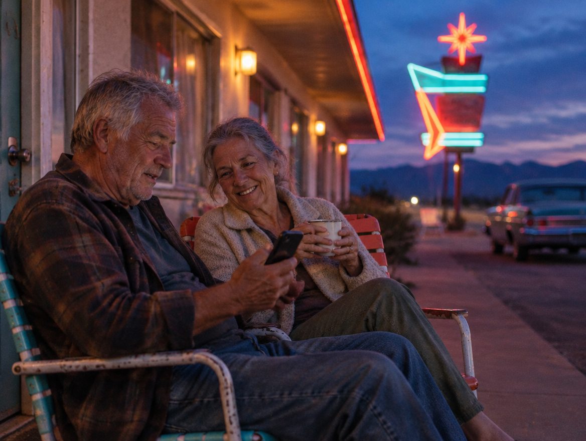 An older couple relaxing outside their motel room at dusk under a neon sign, reading something on a phone