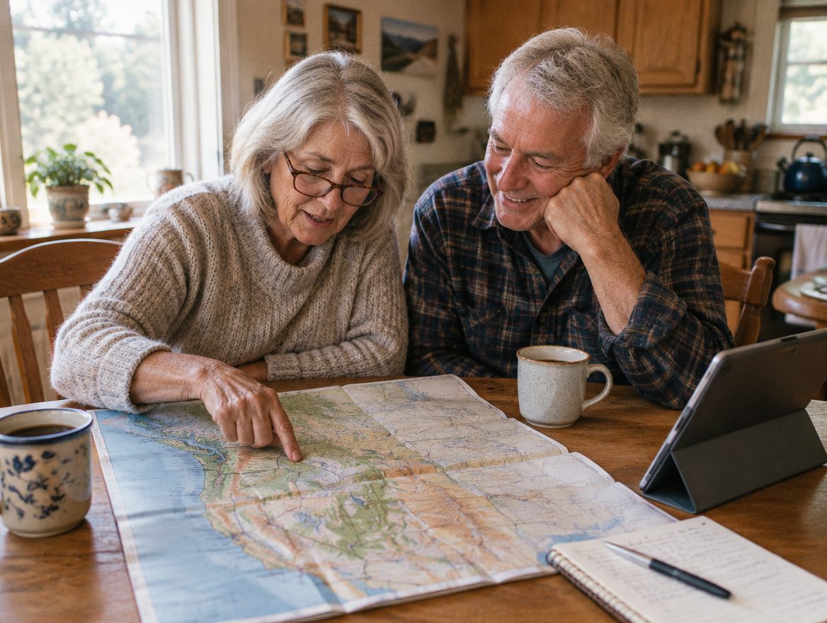 A couple in their seventies planning a road trip at the kitchen table with a paper map and a tablet