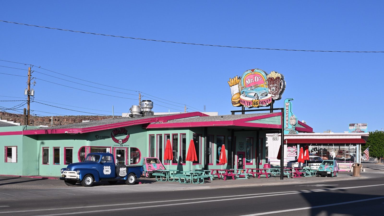 Pink and turquoise Mr. D'z Route 66 Diner in Kingman, Arizona